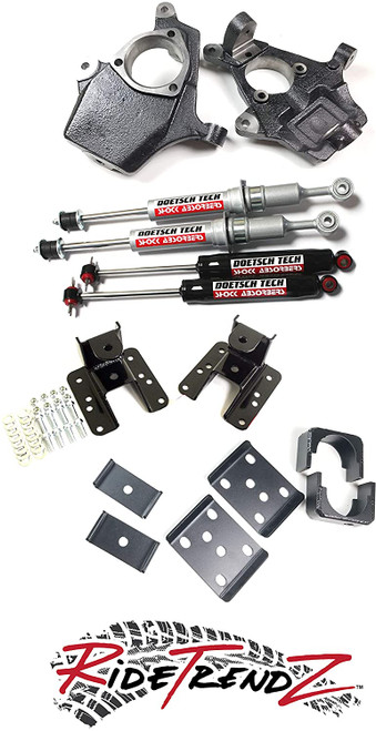 RTZ Chevrolet Silverado 1500 Pickup Lowering Kit Front 5" Drop Spindles & Strut Combo + Adjustable 7" Rear Flipkit Kit + Doestch Tech Premium Nitrogen Gas Shocks 2WD V6 Motor