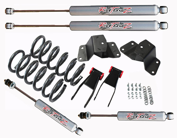 RTZ Chevrolet GMC Silverado Sierra 1500 Pickup Lowering Kit 2" Front Lowering Drop Coil Springs + 3" Rear Hanger & Shackle Kit + RTZ Primo NIitrogen Gas Charged Shocks 2WD V6 Motor