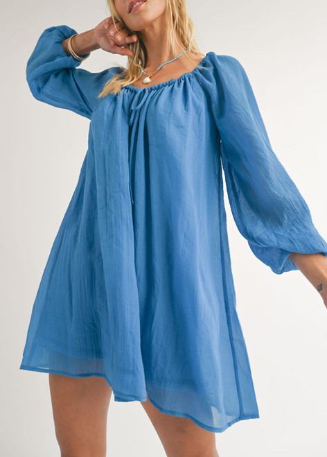 Sadie & Sage Blue Coastal L/Slv Flowy Mini Dress