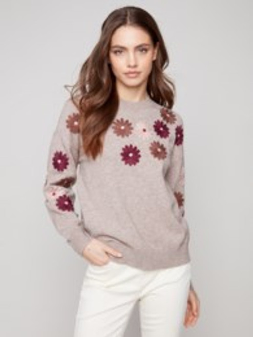 Charlie B Taupe Floral Embroidery Sweater