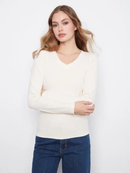 Charlie B Almond Vneck Rib L/S Top