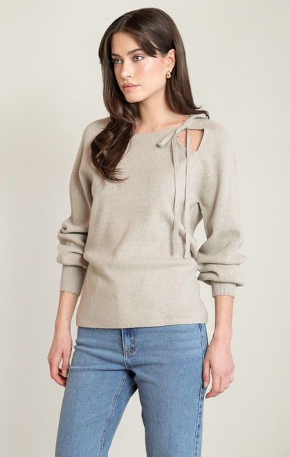 Black Tape Light Taupe Tie Neck Sweater