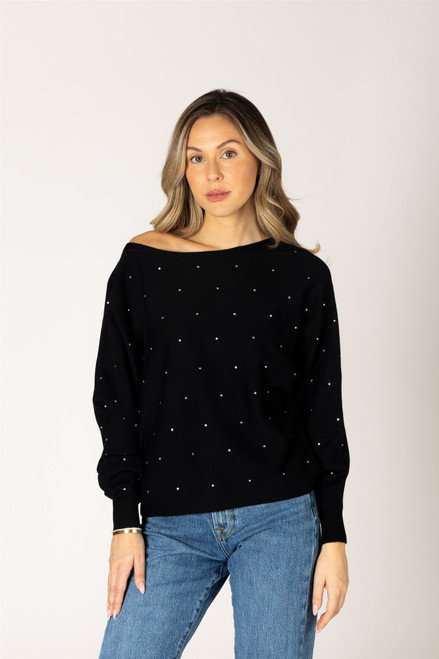 Lyla & Luxe Black Nobu Crystal Off Shoulder Sweater