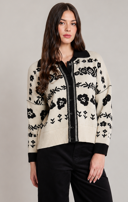 Dex Ivory/Black Flower Cardigan