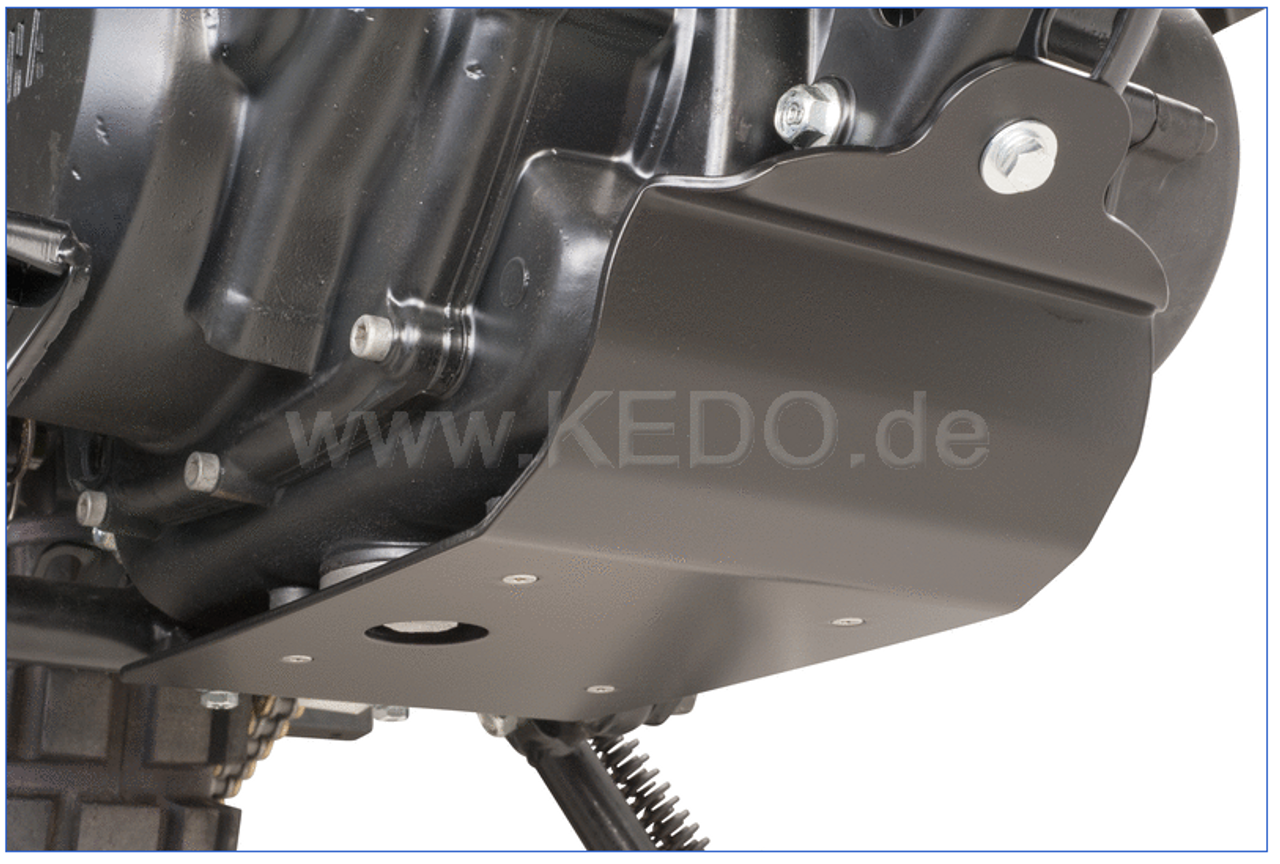 KEDO Engine Guard, 3mm aluminium black coated, XT250 rests on rubber buffers, flat bottom plate for easy jacking up, with mounting material