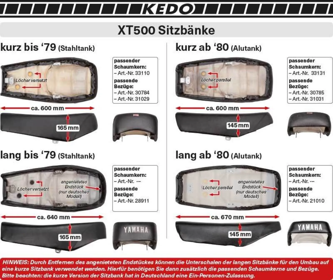 YAMAHA XT500 76-79 Seat Foam, Short Version, approx. 60cm, suitable for OEM Reference#1E6-24730-00 YAMAHA XT500 76-79 Seat Foam, Short Version, approx. 60cm, suitable for OEM Reference#1E6-24730-00