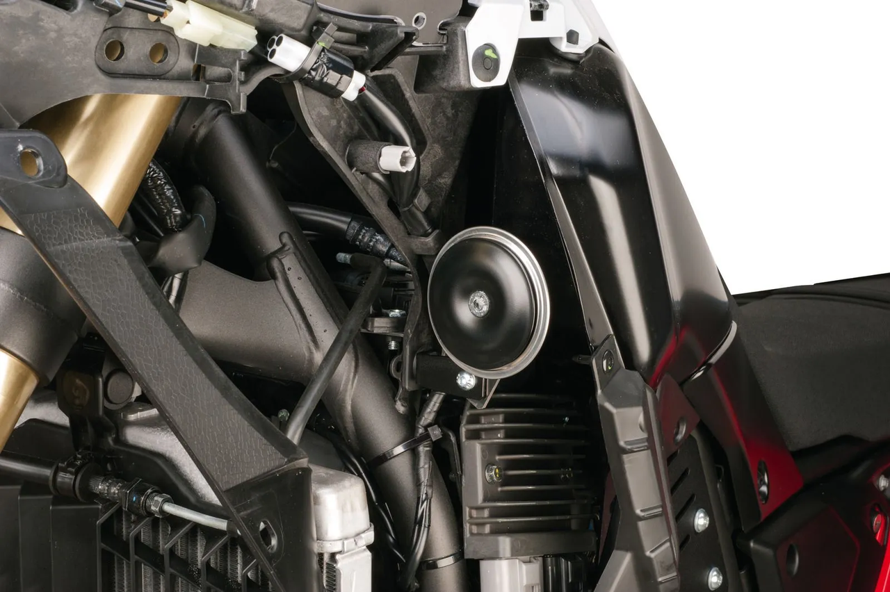 Horn Bracket, moves the horn protected and not visible behind the left side panel, no modification to the electrics necessary, stainless steel black