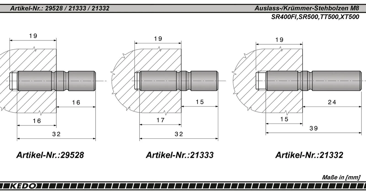 YAMAHA SR400, SR400FI, SR500, TT500, XT500 Exhaust/Manifold Stud Bolt M8, length 39mm (thread length: screw-in side 13mm, outside 21mm), with longer thread for manifold mounting (OEM)