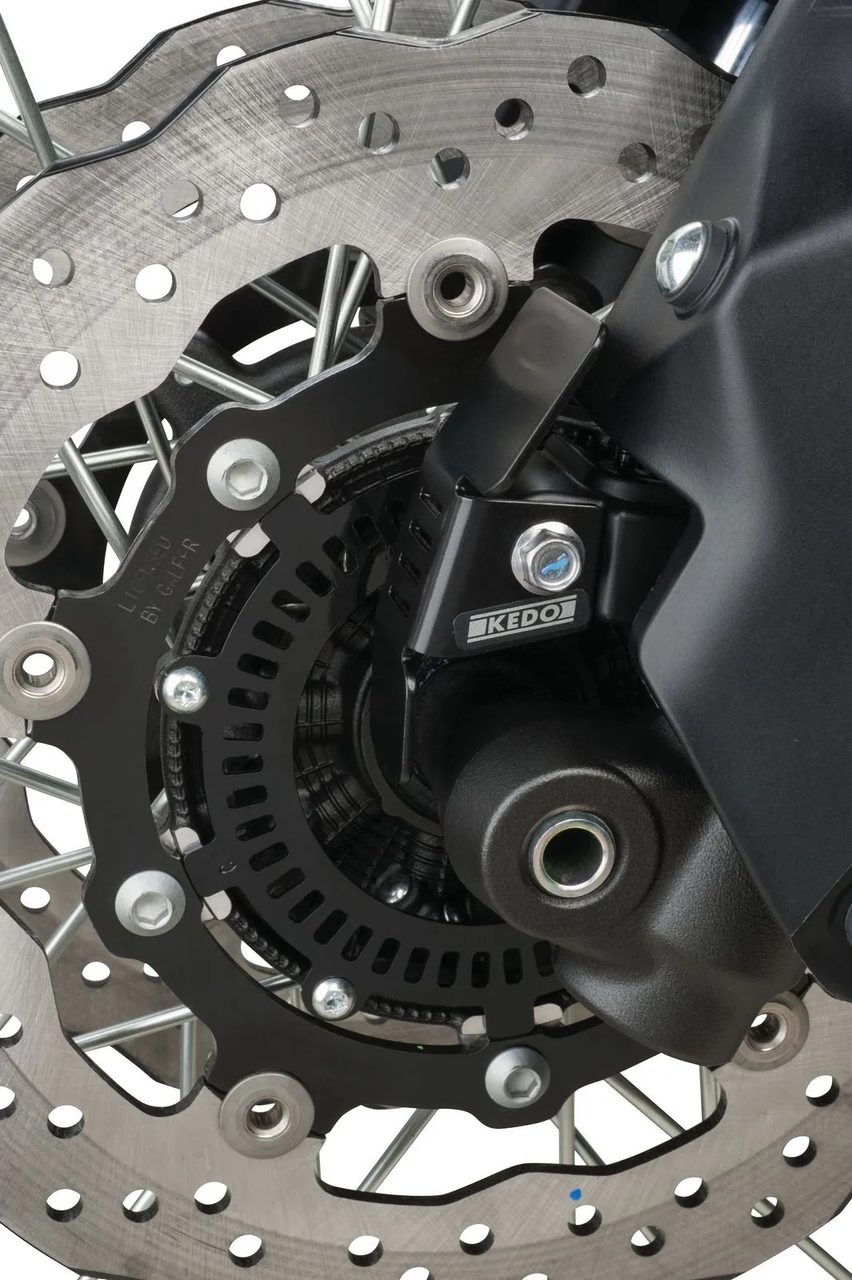 KEDO T7 ABS Sensor Front Protective Cover, stainless steel, black coated, is mounted together with the original cover YAMAHA Ténéré700 (XTZ690) 2019 and later