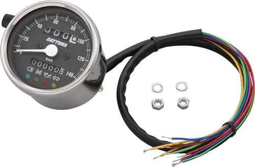 Daytona 'Mechanica II' Mini Speedometer YAMAHA SR400, SR500, TT500, XT500, 140km/h display, 60mm diameter, stainless steel case, black dial, 4 pilot lights, LED illumination 6-12V,