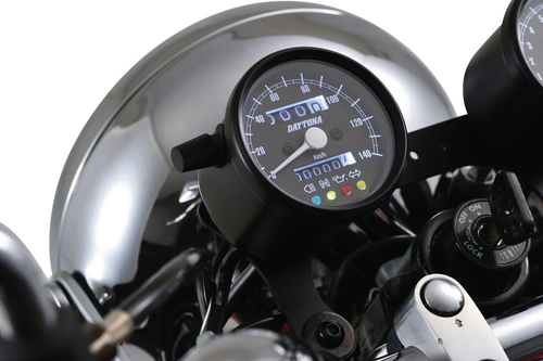 Daytona 'Mechanica II' Mini Speedometer YAMAHA SR400, SR500, TT500, XT500, 140km/h display, 60mm diameter, black housing, black dial, 4 pilot lights, LED illumination, 6-12V
