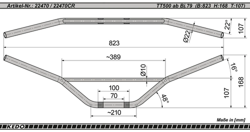 YAMAHA DT125, DT175 DT250, DT400, MX175. IT175, IT250, IT400, TT250, TT500 Replica Handlebar chrome plated, flat, OEM reference # 2A8-26111-00, alternative see item 22470 (black), (W:H:D) 823x168x107mm