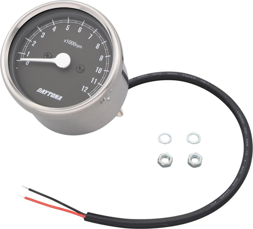Daytona 'Mechanica II' Rev Counter, 12.000 rpm, 60mm diameter, stainless steel housing, black dial, LED illumination, 6-12V