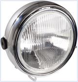 SR Headlight 7", metal housing chrome-plated, embossed e-approved glass lens (range adjustment 40404 required, OEM headlight brackets will fit)