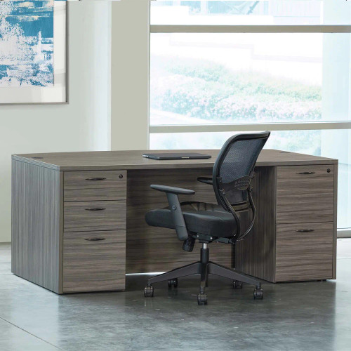 Bow Top Desk 71in x 41in with Drawers - Shown in Urban Walnut Laminate with Chair