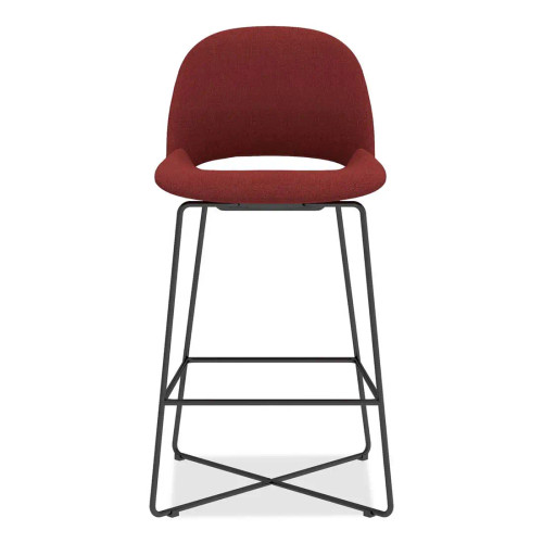 Jola Bar Height Fabric Stool with Black Metal Base in Crimson Fabric - Front View