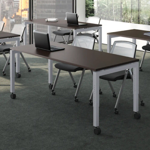 Adjustable Height Training Tables Typical - Style 7 - OST22- with silver base and Espresso tops