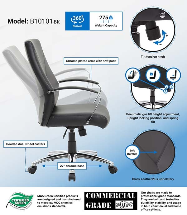 Boss Black or Grey LeatherPlus Executive/Conference Chair Features