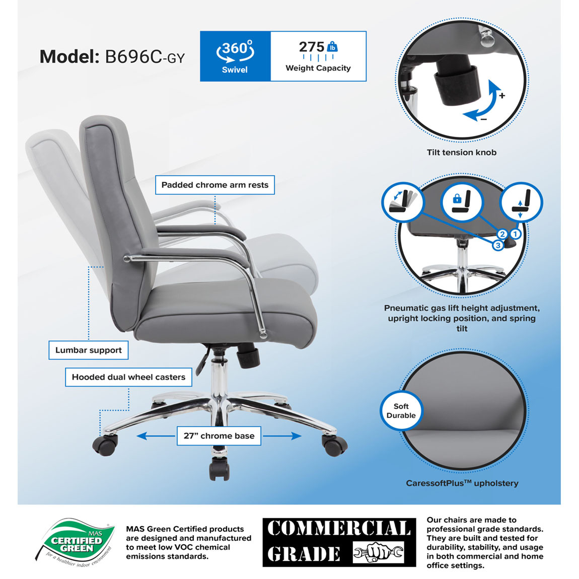 Boss Black or Grey LeatherPlus Executive/Conference Chair Features