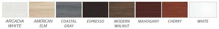Worksurface colors - Arctic White, White, American Elm, Coastal Gray, Mahogany, Cherry, Modern Wlnut