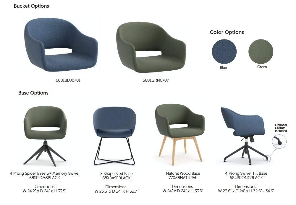 Catalog page of bucket and base options for the Saron chair