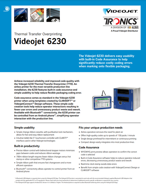 Tronics Videojet DataFlex 6230 Thermal Transfer Overprinting (TTO) Flyer_aus
