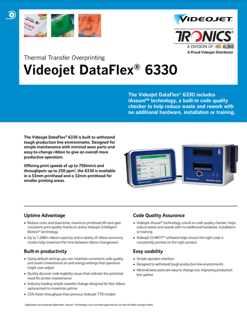 Tronics Videojet DataFlex 6330 Thermal Transfer Overprinting (TTO) Flyer_aus