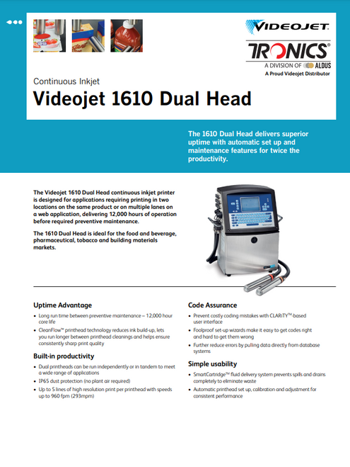 Tronics Videojet 1610 Dual Head Continuous Inkjet (CIJ) Flyer_aus