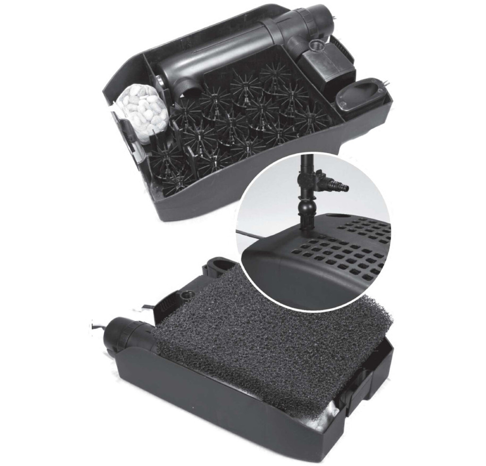 Pond skimmer filter with UV clarifier, bio-ball chamber, and coarse foam filter pad shown in exploded view