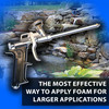 Foam gun applicator tool positioned in front of an underwater pond scene with rocks and aquatic plants, with text reading 'The Most Effective Way to Apply Foam for Larger Applications.