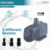 Minnow 1300 pond pump shown with three nozzle options and feature icons for ultra-quiet operation, anti-dry protection, and IPX8 waterproof rating.
