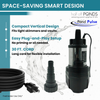 Pond Pulse space-saving smart design infographic from Half Off Ponds highlighting three key features: compact vertical design fits tight skimmers and vaults, easy plug-and-play setup with no priming or oil needed, and 30-foot cord for flexible installation, with product images showing coiled power cord, pump fittings, and complete compact vertical pump unit, marked for freshwater use only.