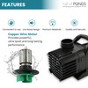 Feature highlight graphic for Half Off Ponds Aqua Pulse pond pump showing icons for convenient use, low-noise design, IPX8 waterproof rating, premium materials, and quality and safety, alongside images of the copper wire motor and the pump housing emphasizing powerful, quiet, long-lasting performance.