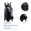 Savio 1450 submersible pump product feature diagram showing the black pump with handles, highlighting key features with detail callouts: non-corrosive housing, 1.25-inch output connection, and listing three main benefits—handles solids up to 1-inch diameter, thermal overload protection for precision motor, and factory testing for reliable operation.