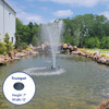 AQF 6000 aeration fountain with trumpet nozzle creating a tall vertical water spray in a residential backyard pond with stone edging and landscaping, featuring inset showing nozzle specifications: 7' height, 12' width.