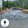 AQF 6000 aeration fountain with Classic V nozzle creating a V-shaped water spray in a residential backyard pond with stone waterfall features and landscaping, featuring inset showing nozzle specifications: 2' height, 9' width.