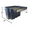 Filtering weir dimensions diagram showing larger model with measurements: 19" width, 16" depth, 12" height, featuring internal mesh filtration chambers and two-stage basin design for debris collection and water intake.