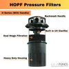 HOPF H Series pressure filter with handle breakdown showing backwash handle, integrated UV clarifier, dual stage filtration system, and durable pressure-rated housing from Half Off Ponds.