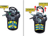 HOPF pressure filter operational diagram showing two modes: filtering mode on left with standard water flow, and backwashing/purging mode on right with purging handle engaged and reversed water flow indicated by red arrows.