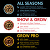 Koi food product benefits comparison - All Seasons with wheat formula, Show & Grow with beta carotene and 35% protein, Grow Pro with 40% protein and high digestibility