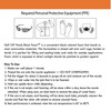 Instructional guide for Half Off Ponds Black Foam straw applicator displaying required personal protective equipment (safety glasses, protective suit, gloves, respirator), product description, and eight-step usage instructions with safety warnings and temperature specifications.