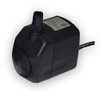 Black submersible pump unit with vertical intake/outlet port on top, specification label, and electrical power cord.