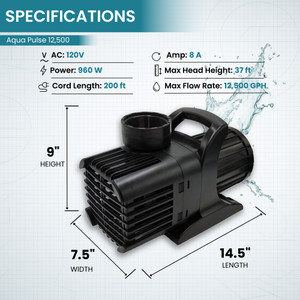 Aqua Pulse 12,500 GPH (1.5 HP) Hybrid Drive Submersible Energy Efficient Pond Pump with 200 ft Cord