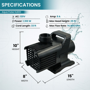 Aqua Pulse 14,800 GPH (1.75 HP) Hybrid Drive Submersible Energy Efficient Pond Pump with 33 ft Cord Aqua Pulse 14,800 GPH (1.75 HP) Hybrid Drive Submersible Energy Efficient Pond Pump with 33 ft Cord