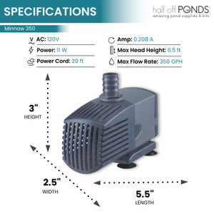 Minnow 350 GPH Submersible Fountain Pump with 20' Cord for Aquariums & Hydroponics