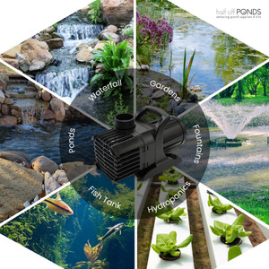 Here is an SEO-friendly and accessible alt text for this noise comparison graphic:  "A promotional graphic highlighting the low noise operation of the Half Off Ponds Aqua Pulse pond pump. The image features a front-facing view of the black submersible pump next to a decibel comparison chart. Text reads 'Quiet Power for Peaceful Ponds' and notes the pump operates at approximately 35 decibels. The accompanying graphic illustrates this volume level, showing that the 35 dB pump is louder than falling leaves (15 dB) but significantly quieter than a television at a low volume (55 dB).