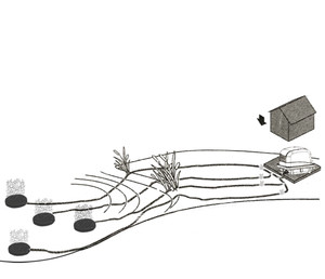 Oxygen aeration kit system schematic diagram showing air diffuser stones connected via tubing to an air pump unit and digital timer control box, with aquatic plants illustrated in the pond environment.