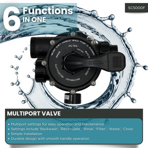  multiport valve combines six functions in one: backwash, recirculate, rinse, filter, waste, and close settings, offering durable construction and smooth operation for complete pond filter control