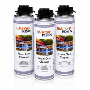 Three Half Off Ponds Foam Gun Cleaner (GC20) aerosol cans arranged together, each with black spray cap, white label featuring Half Off Ponds branding and pond imagery, shown as a 3-pack bundle.