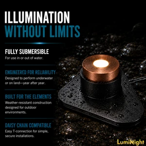 Fully submersible LumiNight puck light on a heart base, weather-resistant with daisy-chain T-connection